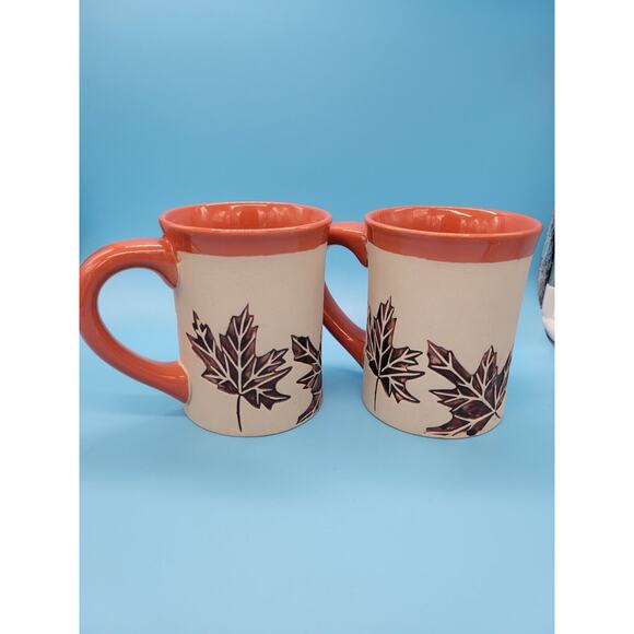 Ceramic Mugs Maple Leaf orange Artisan Coffee Tea Cup set of 2 - Picture 1 of 6